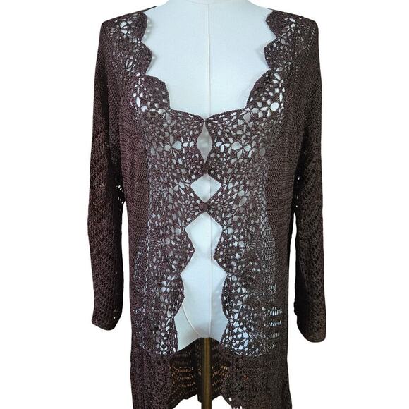 Bette Sung Womens VTG 90s Y2K Brown Crochet Knit Long Cardigan XL Festival Boho - Picture 4 of 12